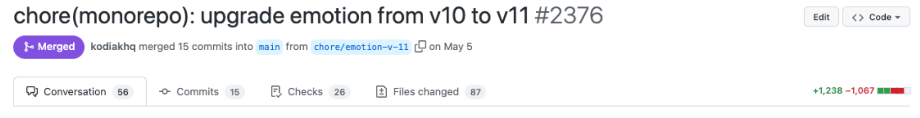 Screenshot of the emotion 11 upgrade PR in github